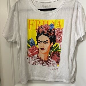 Frida Kahlo White Graphic Tee with Floral Portrait